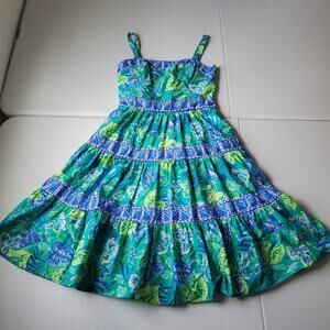 Lilly Pulitzer Dress Womens 0 Blue Green Tropical Floral Cotton Sundress Resort